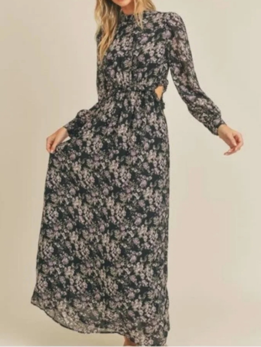 Lush Women's Black Floral Bianca Cut Out Waist Long Sleeve Maxi Dress. Size L